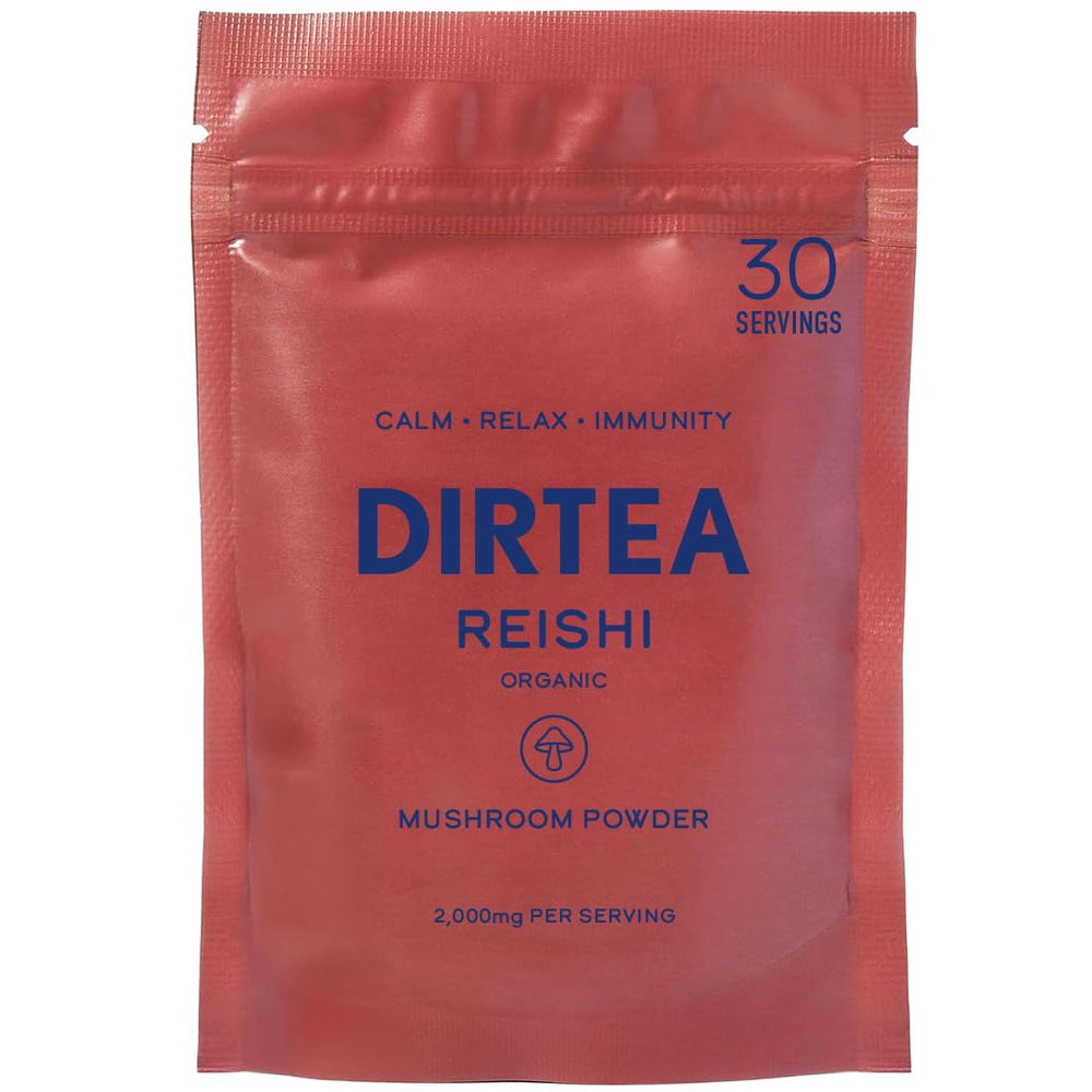 DIRTEA Reishi powder jar close-up showing pure organic formula for calm evenings