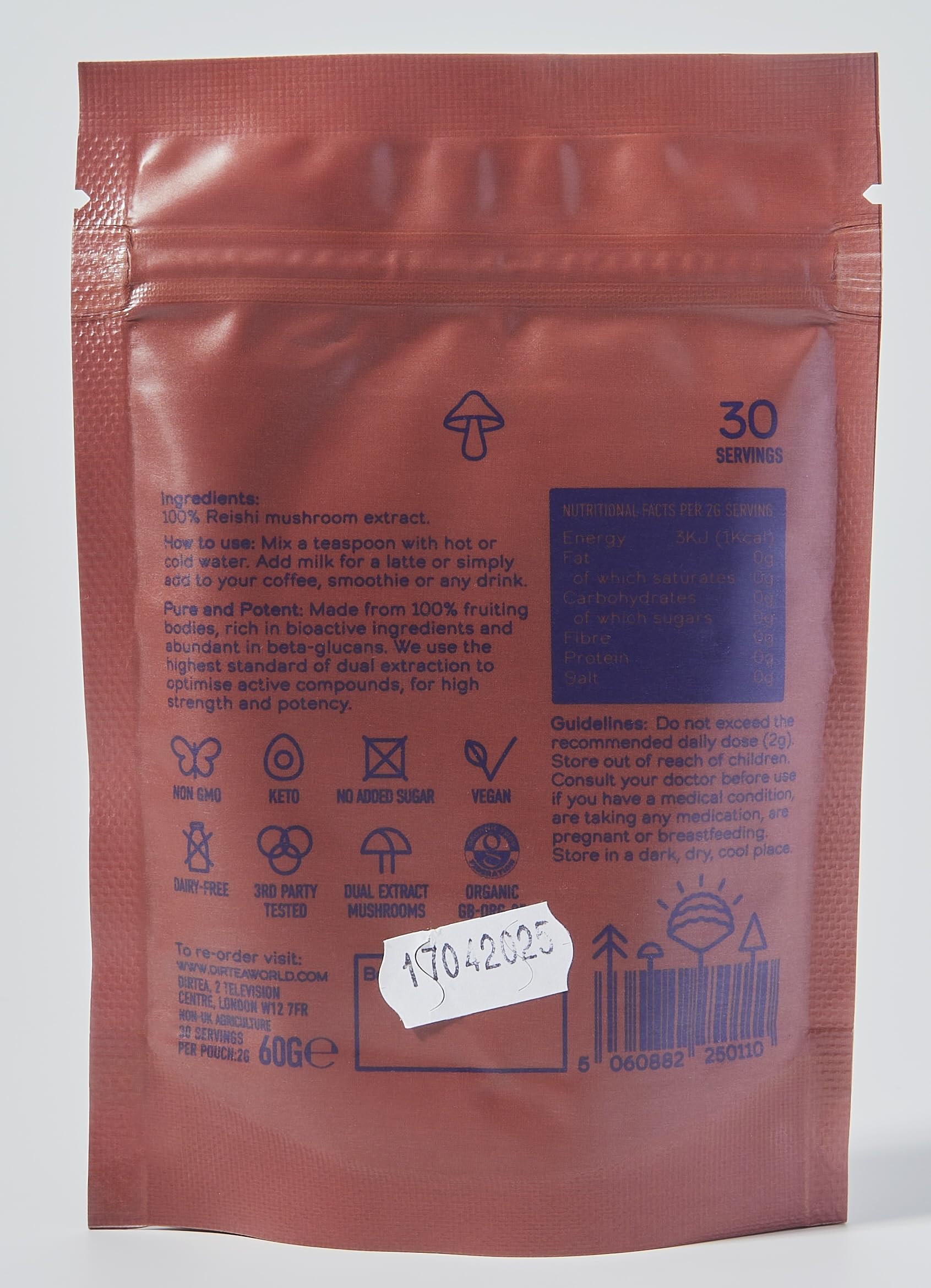 DIRTEA Reishi powder packaging with resealable lid