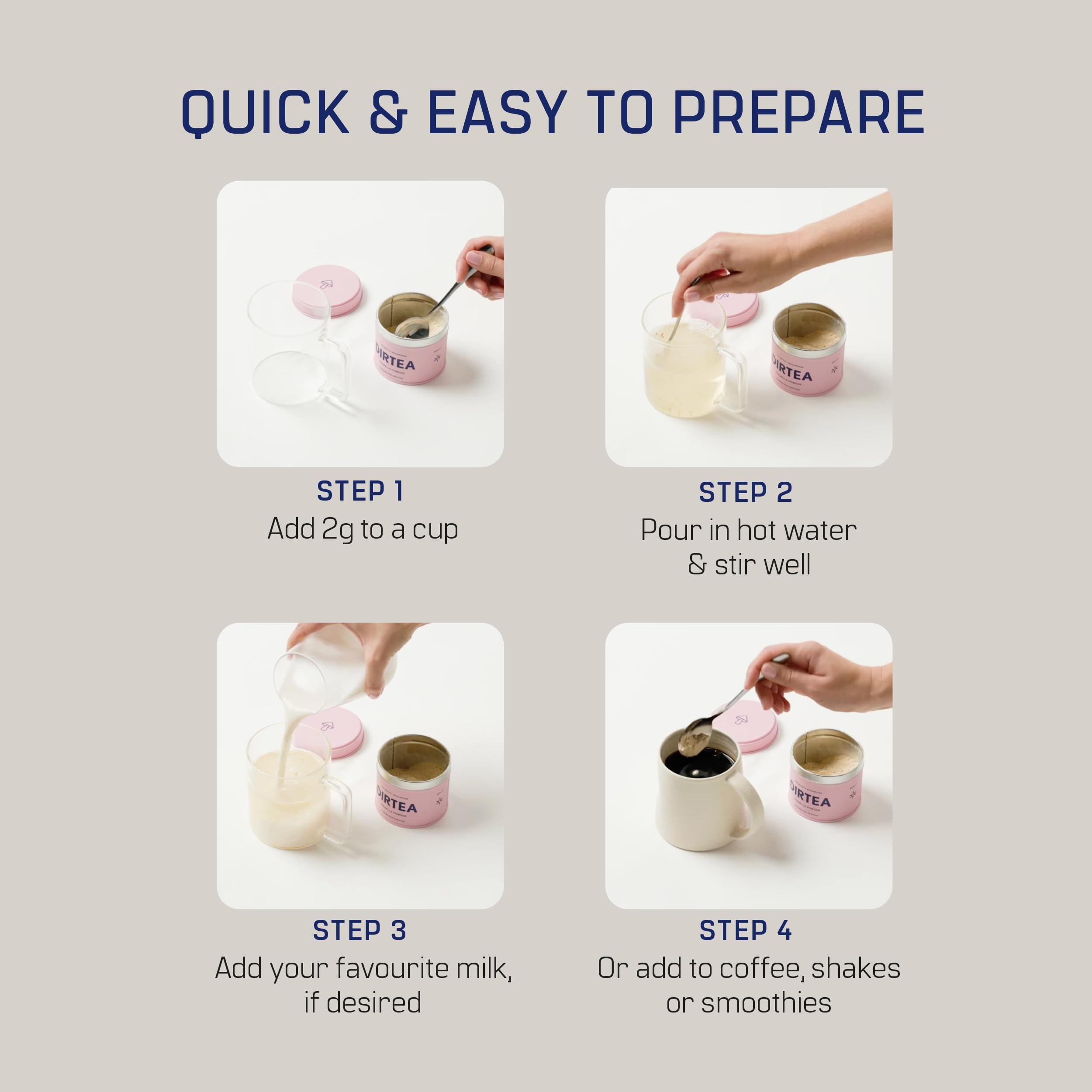 DIRTEA Tremella powder in coffee mug for a quick, smooth addition.