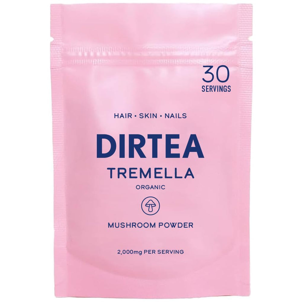 DIRTEA Tremella Mushroom Powder jar shows texture for skin hydration.