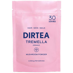 DIRTEA Tremella Mushroom Powder jar shows texture for skin hydration.