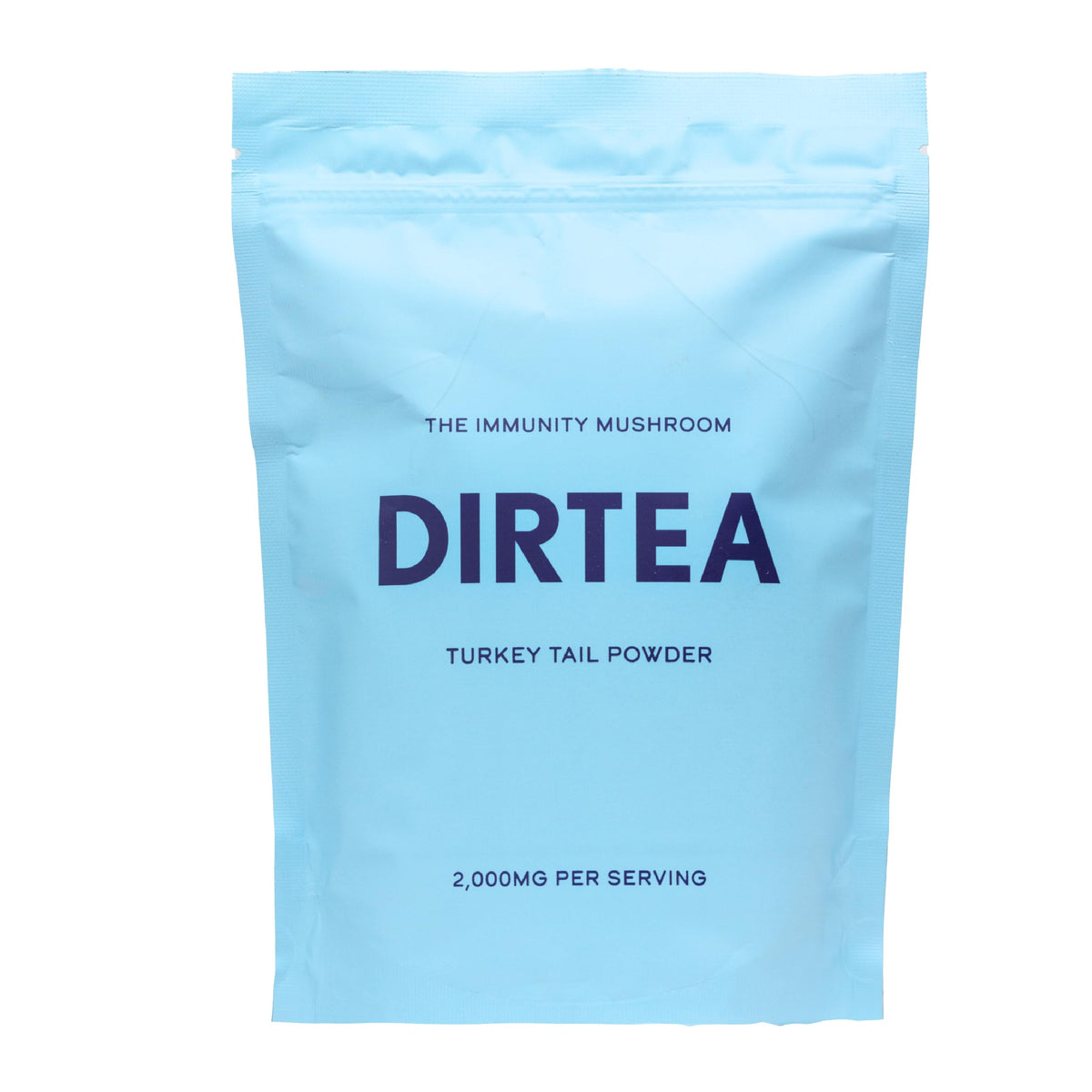 DIRTEA Turkey Tail Powder bottle highlights organic, pure mushroom blend for immune support.