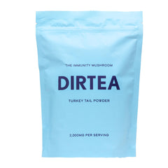 DIRTEA Turkey Tail Powder bottle highlights organic, pure mushroom blend for immune support.