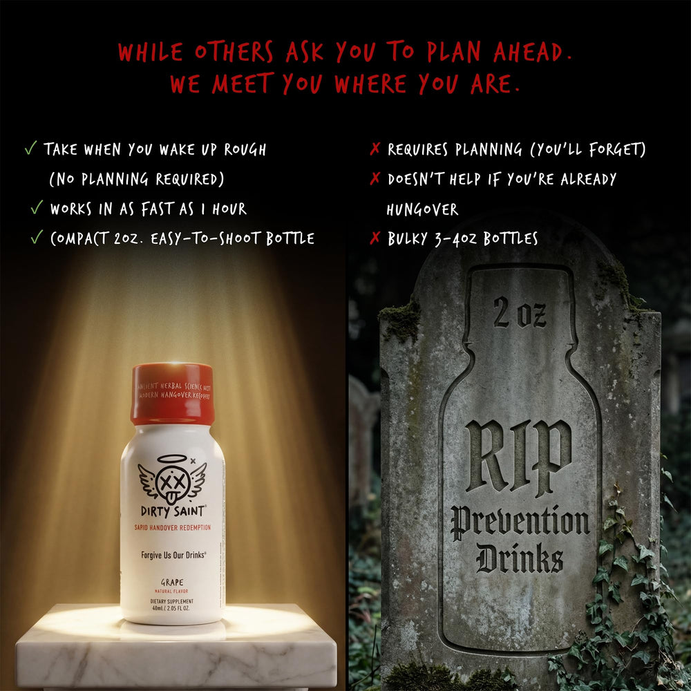 Dirty Saint bottle on glossy surface, grape flavor highlights clean formula.