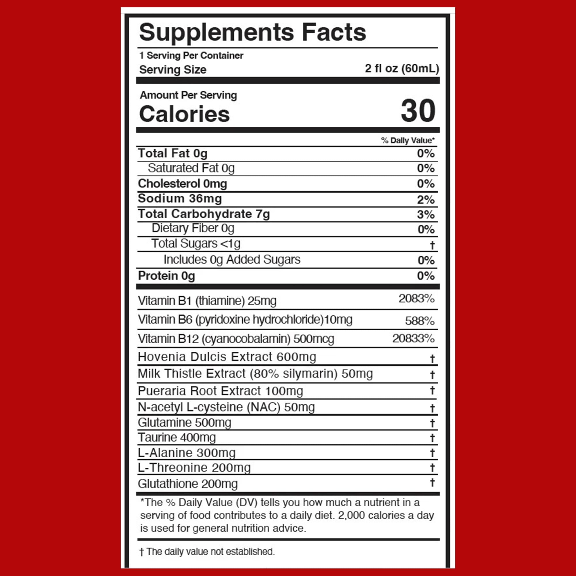 Dirty Saint ingredients list visual with NAC and B vitamins.