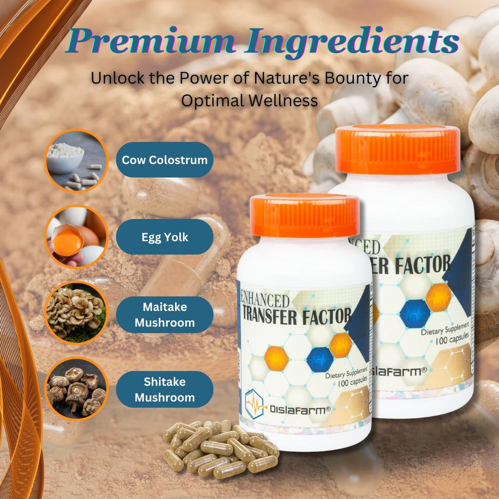 Dislafarm Transfer Factor bottle label emphasizing 100% natural ingredients.