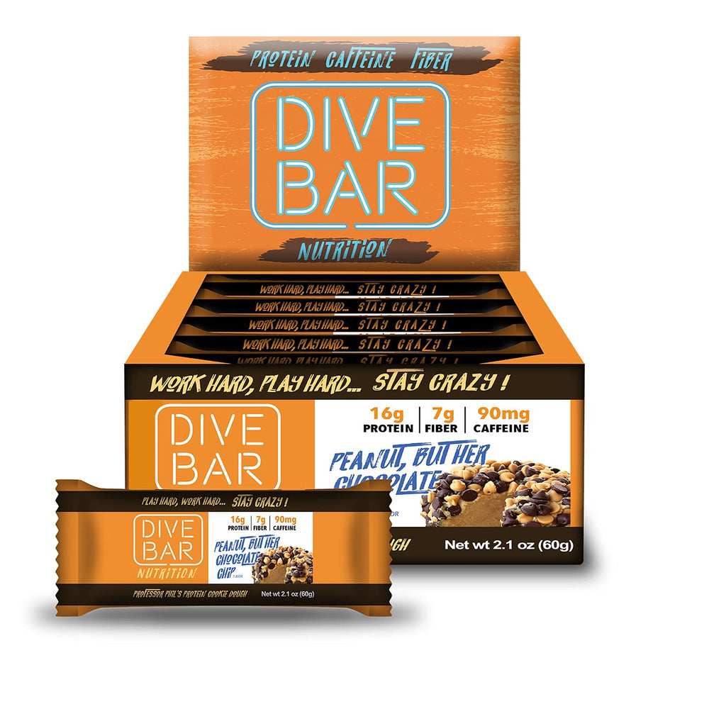 Dive Bar Nutrition Peanut Butter Chocolate Chip bar packshot, protein-packed grab-and-go snack.