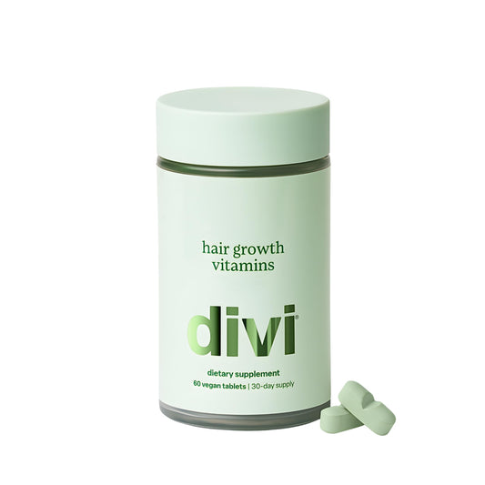 Divi Hair Growth Vitamins bottle front view highlights vegan formula for nourished hair