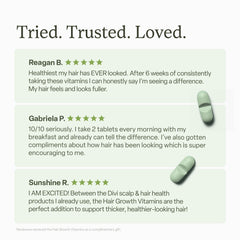 Divi Hair Growth Vitamins ingredient label close-up underscores clean, vegan ingredients