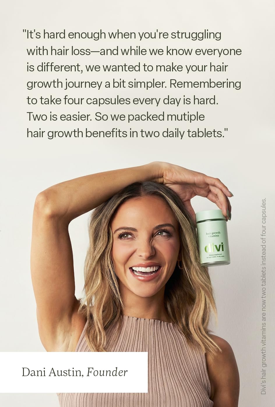 Divi Hair Growth Vitamins package overview on a counter suggests a simple daily routine
