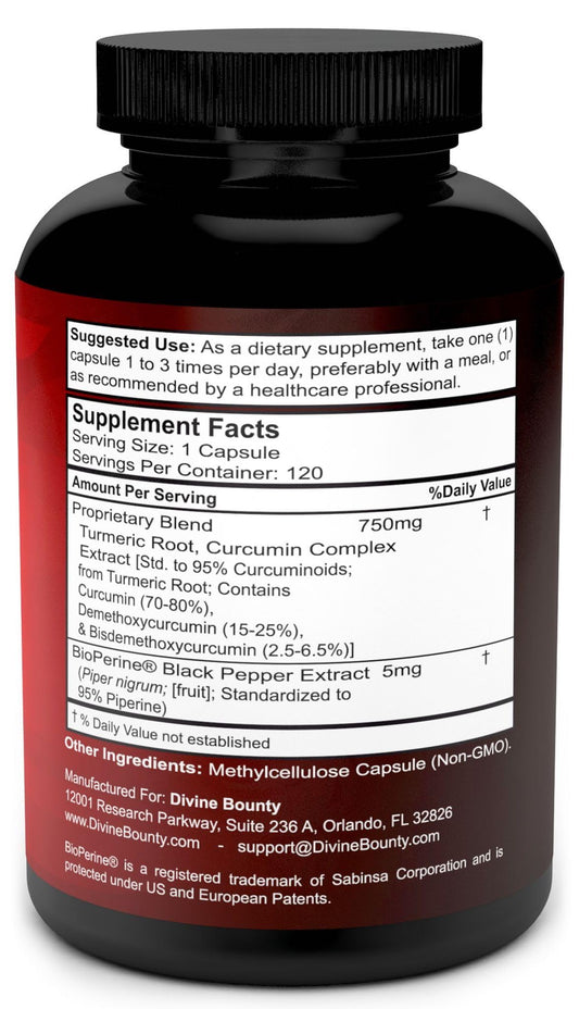 Divine Bounty turmeric capsules emphasize BioPerine absorption and potency.