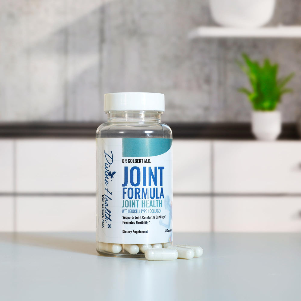 Divine Health Dr. Colbert Joint Formula capsules close-up highlighting Boswellia and herbal blend for joints