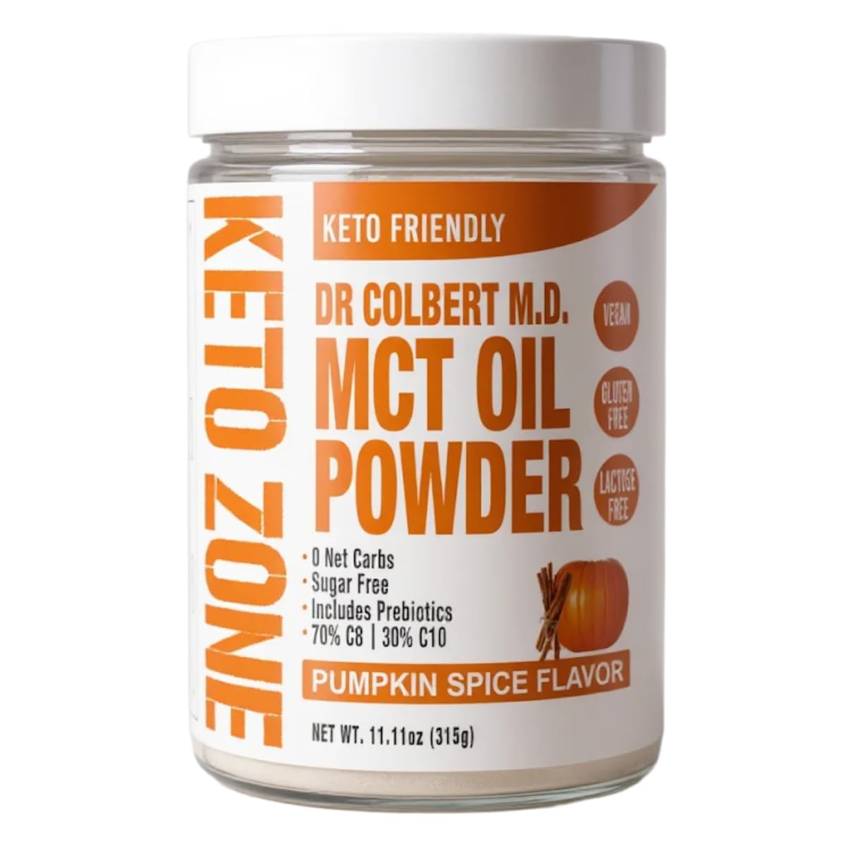 Divine Health Dr. Colbert MCT Oil Powder Pumpkin Spice enhances keto beverages with creamy flavor.
