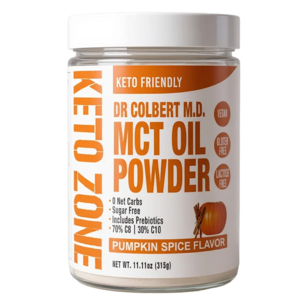 Divine Health Dr. Colbert MCT Oil Powder Pumpkin Spice enhances keto beverages with creamy flavor.