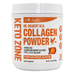 Divine Health Dr. Colbert MD pumpkin spice collagen bottle highlighting product packaging and brand.