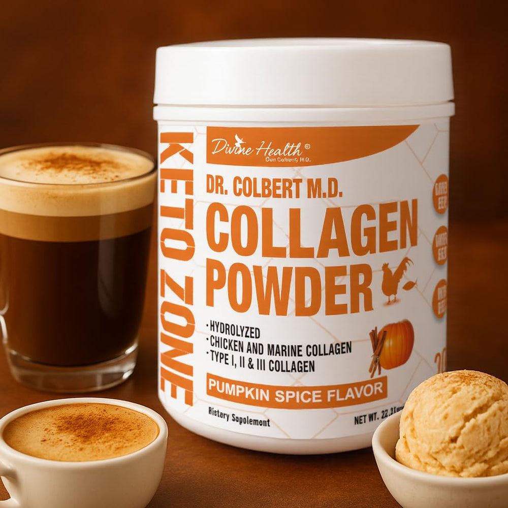 Scoop of pumpkin spice collagen powder ready for mixing with a beverage.