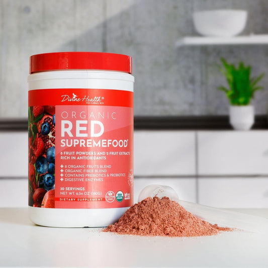 Divine Health Dr. Colbert Red Supremefood scoop with powder for easy daily use