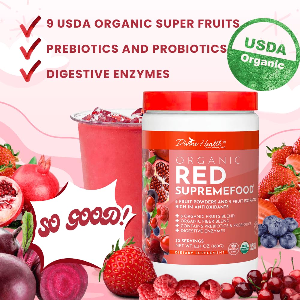 Divine Health Red Supremefood shake glass with berry flavor for a refreshing routine