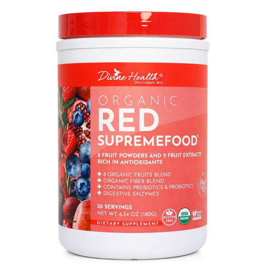 Divine Health Dr. Colbert Red Supremefood tub front shows berry blend for daily vitality