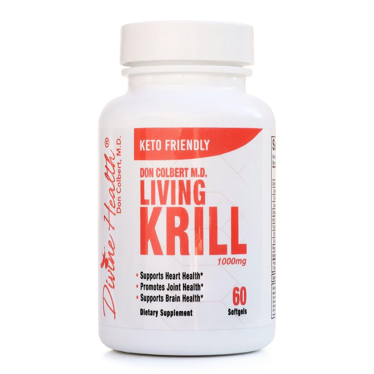 Divine Health Living Krill Oil bottle closeup highlighting omega-3 benefits.