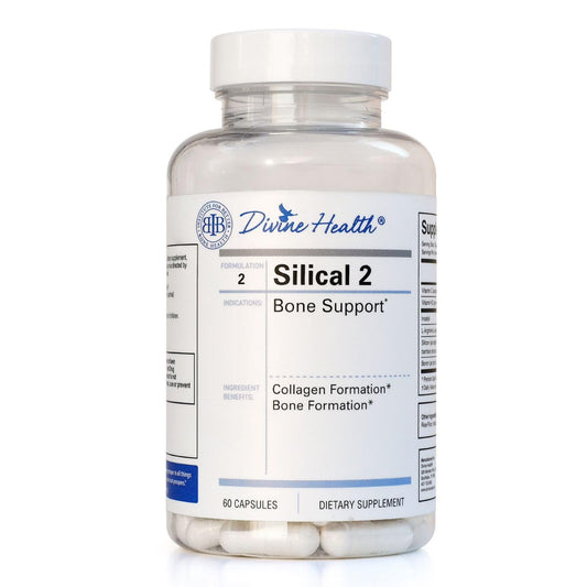Divine Health Silical 2 bottle on a clean surface, supports bone health and collagen production