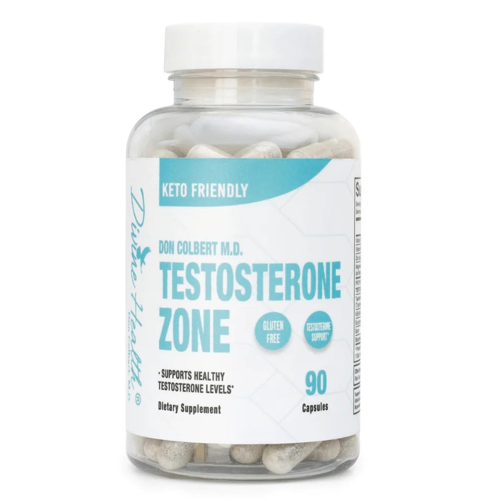 Divine Health Testosterone Zone bottle on shelf for daily wellness