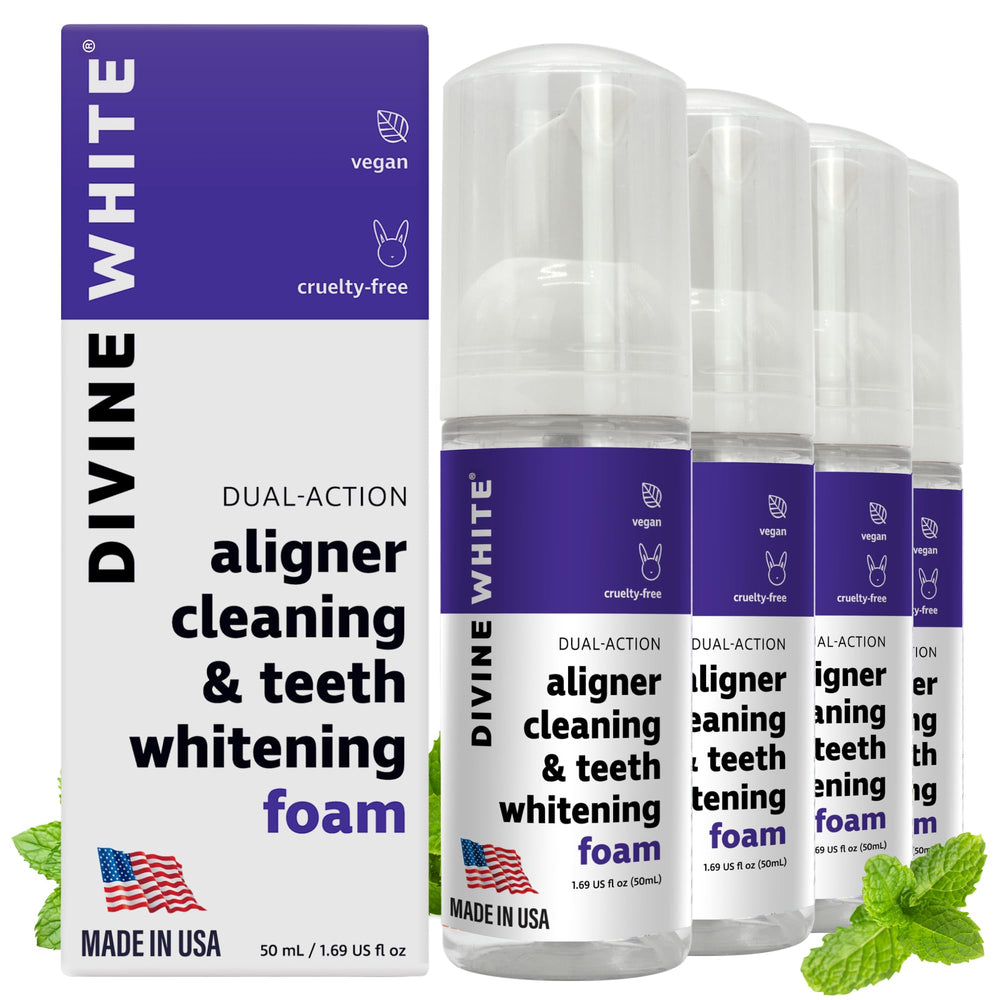 Divine White 2in1 aligner cleaning foam bottle shows vegan whitening care