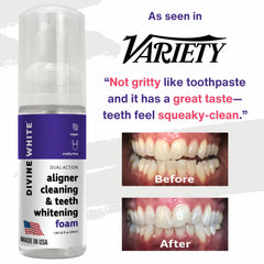 Divine White 2in1 foaming action demonstrates fast cleaning for aligners