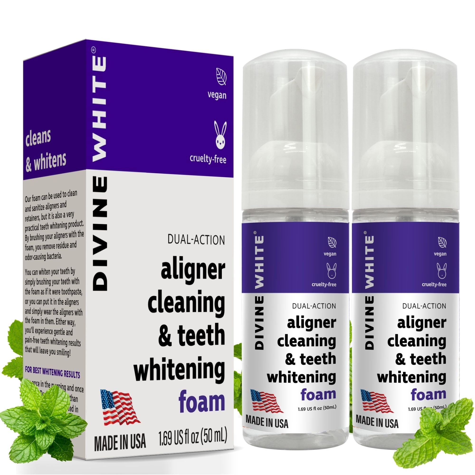 DIVINE WHITE packaging shows dual-action cleaner for aligners