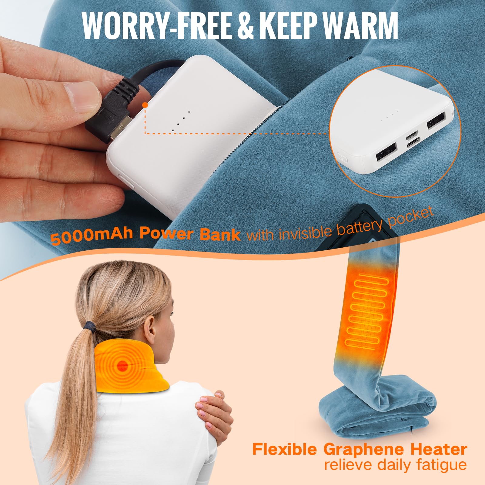 Diweez heated scarf back-neck coverage delivers even heat across the neck area.