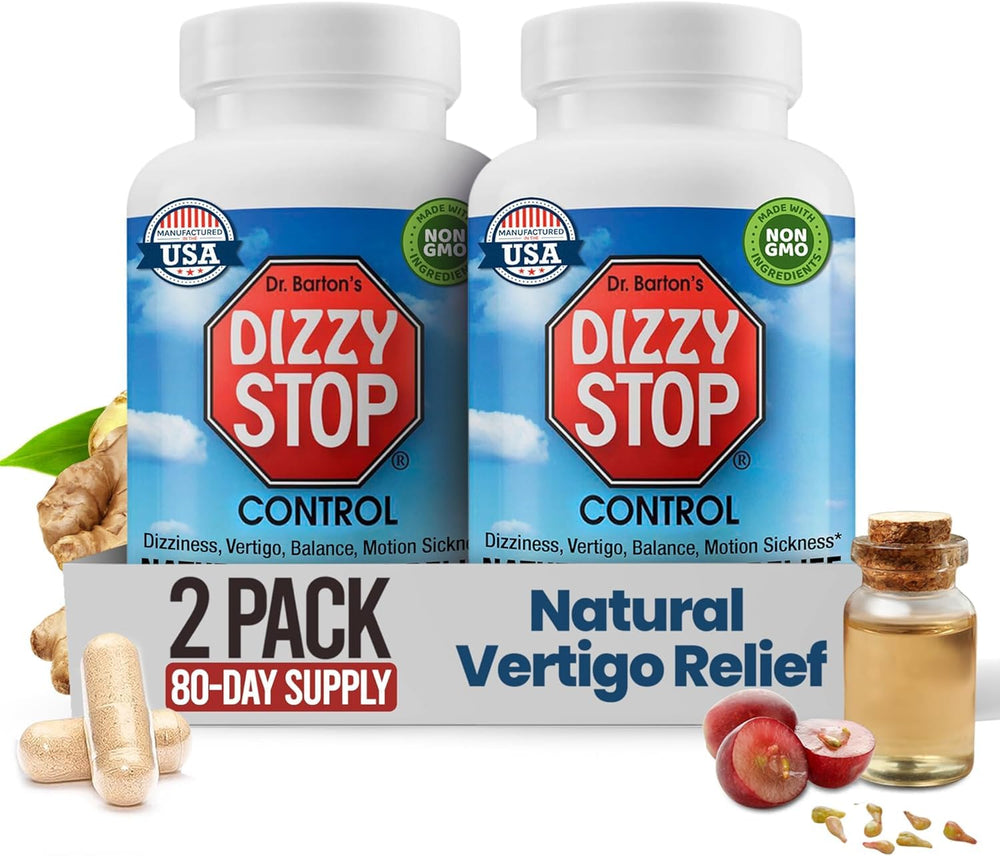 Dizzy Stop bottle and box front highlighting non-drowsy vertigo relief