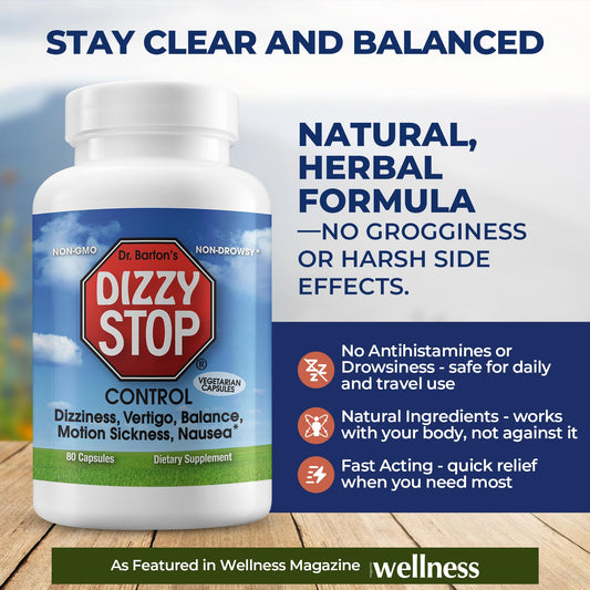Close-up of Dizzy Stop capsules showing ginger and grape seed ingredients