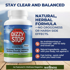 Close-up of Dizzy Stop capsules showing ginger and grape seed ingredients