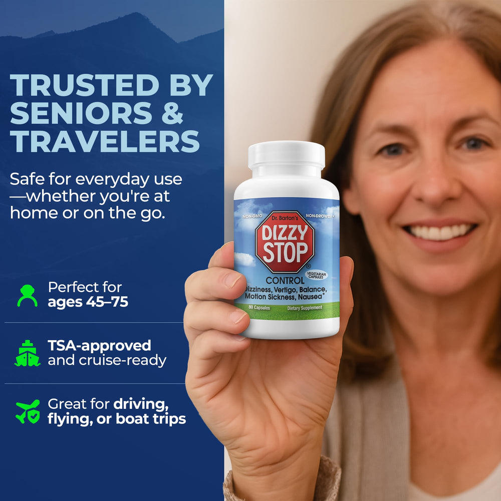 Vegan Dizzy Stop capsules alongside travel essentials for on-the-go relief