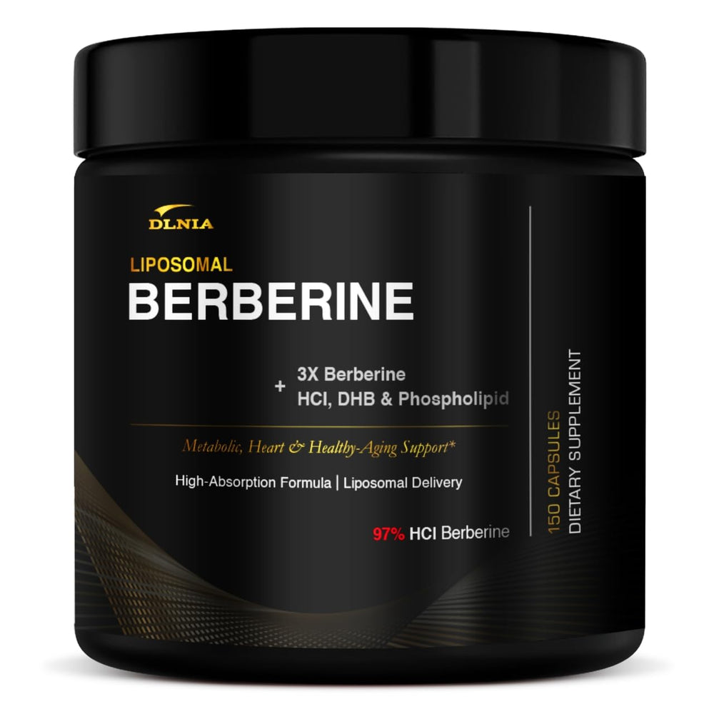 DLNIA Berberine bottle close-up shows high-purity 97% formulation for daily use.