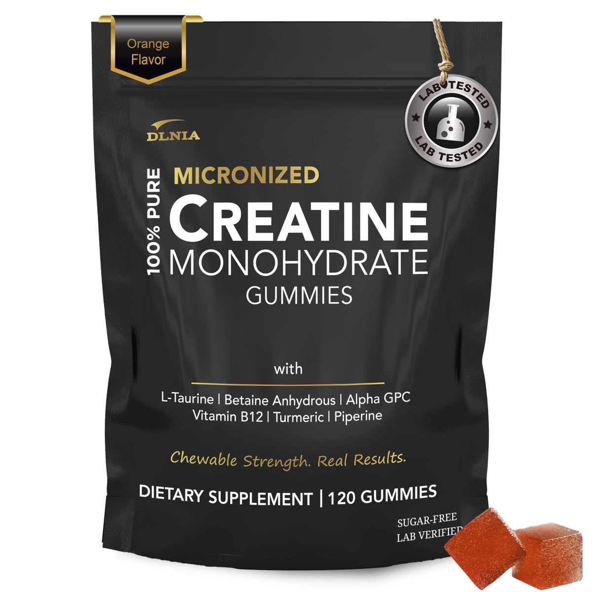 DLNIA creatine monohydrate gummies orange bottle highlights convenient, on-the-go energy support.