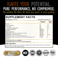 DLNIA creatine gummies close-up shows vegan, sugar-free formula for clean fueling.