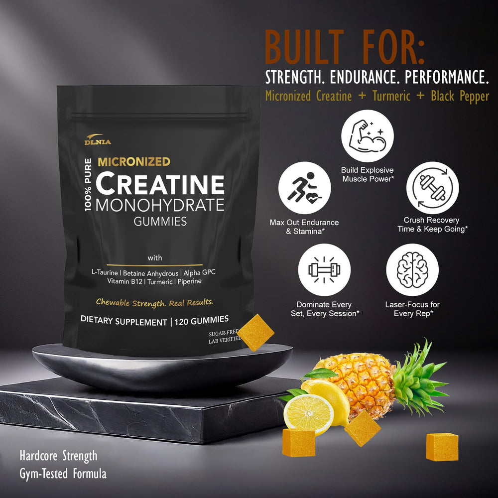 DLNIA Creatine Monohydrate Gummies bottle open with pineapple gummies ready for on-the-go energy