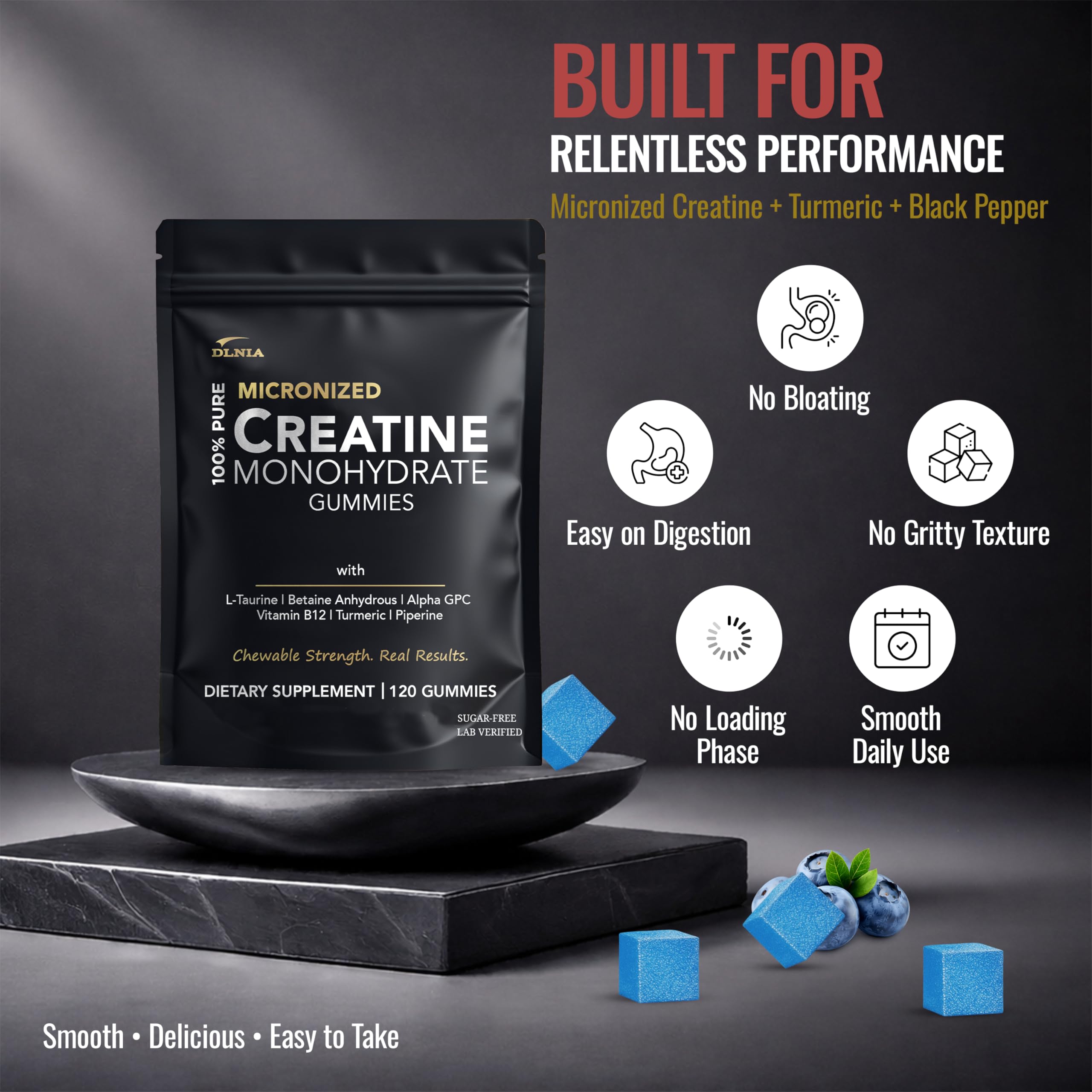 DLNIA creatine monohydrate gummies with vitamin B12 icon for energy support