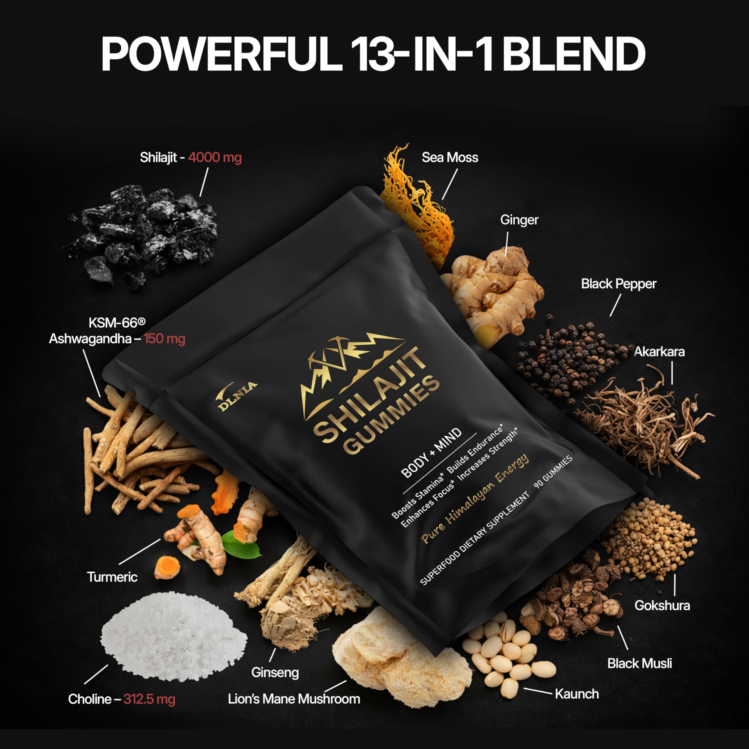 DLNIA KSM-66 Ashwagandha gummies graphic promoting calm focus.