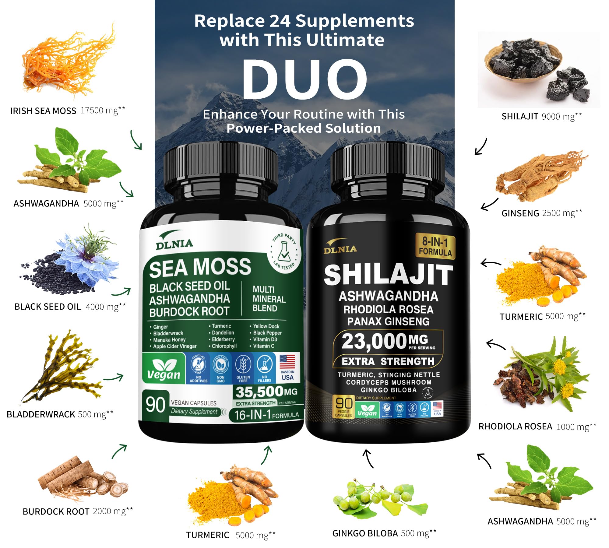 DLNIA Sea Moss 17500mg capsules bottle highlighting mineral-rich support for daily vitality.