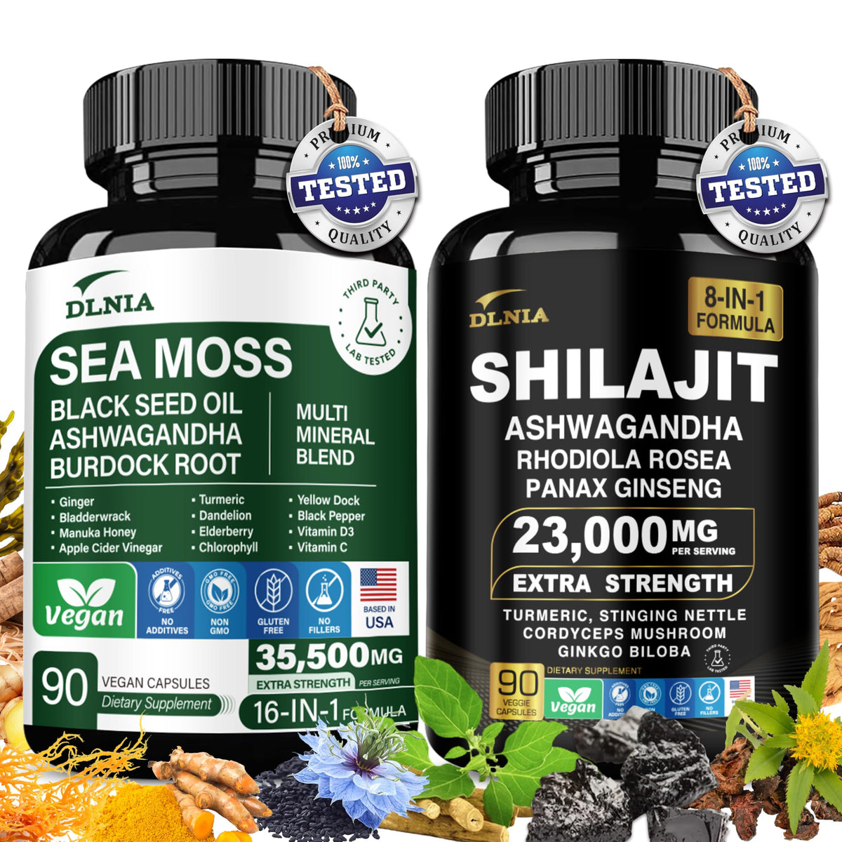 DLNIA Shilajit 9000mg bottle close-up showing mineral-rich energy support.