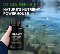DLNIA Shilajit energy capsule beside workout gear for performance support.