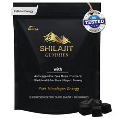 DLNIA Shilajit Gummies bottle shows a natural energy boost and vegan wellness.