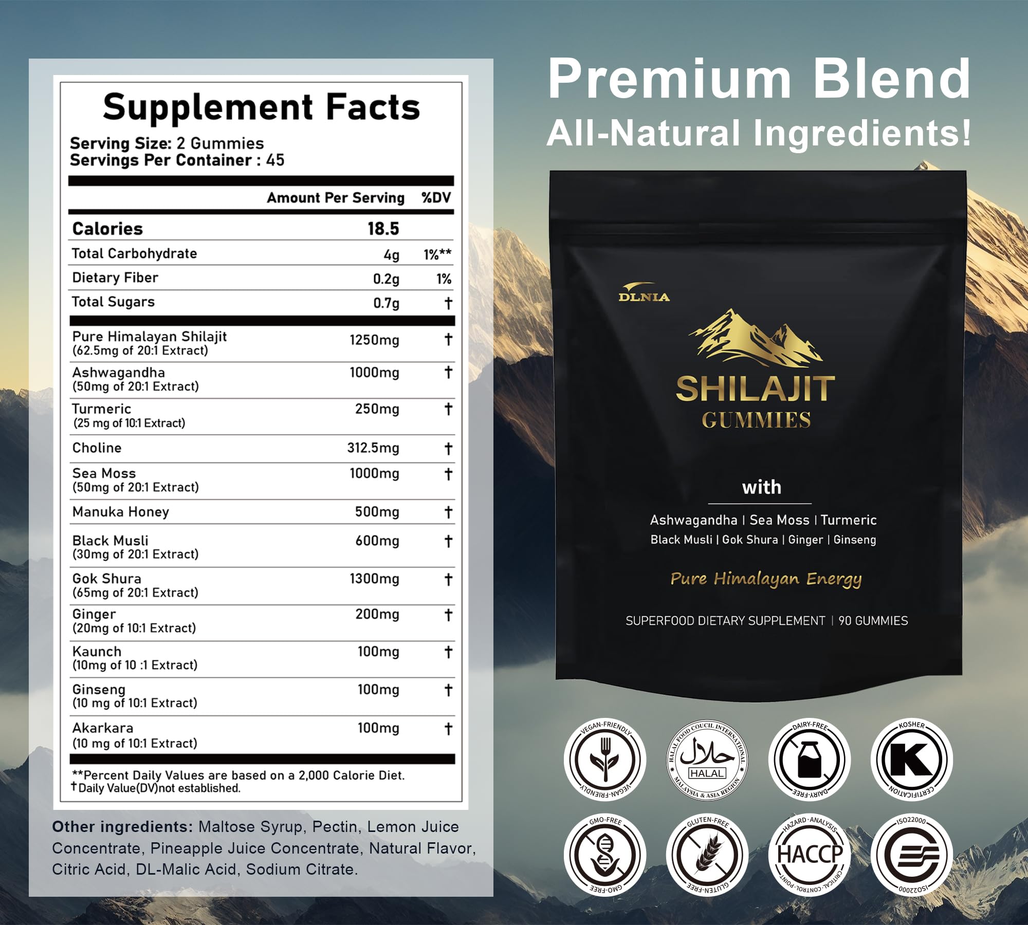 DLNIA Shilajit Gummies close-up highlights golden texture for sustained vitality.