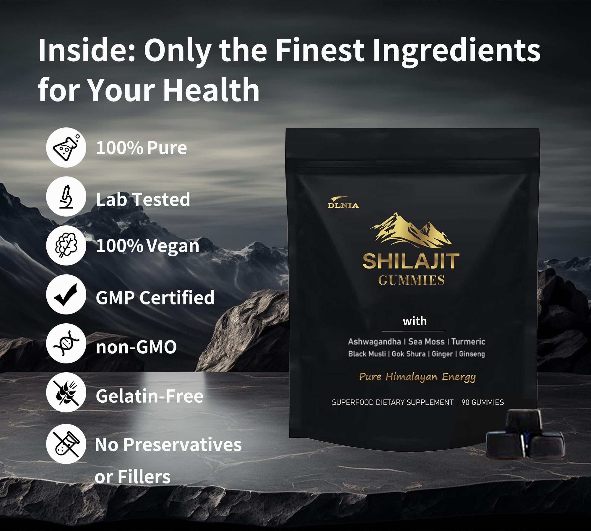 DLNIA Gummies lab-tested seal assures purity and metal-free formulation.