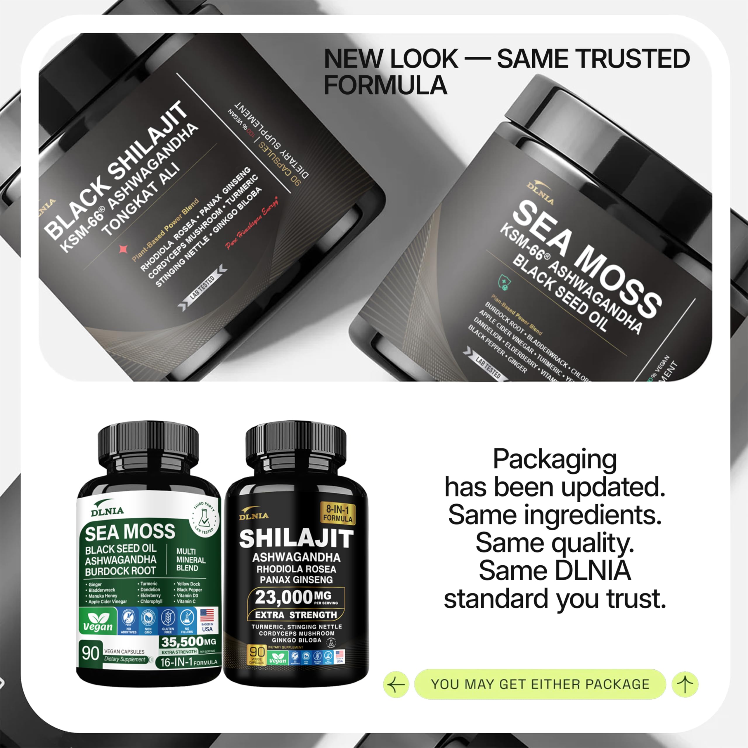 DLNIA Shilajit Sea Moss duo—compact pairing for streamlined daily minerals.