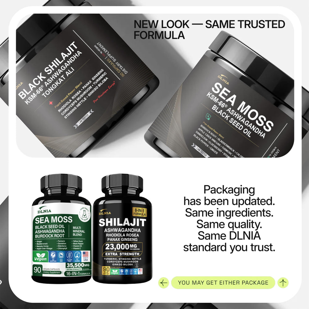 DLNIA Shilajit Sea Moss duo—compact pairing for streamlined daily minerals.