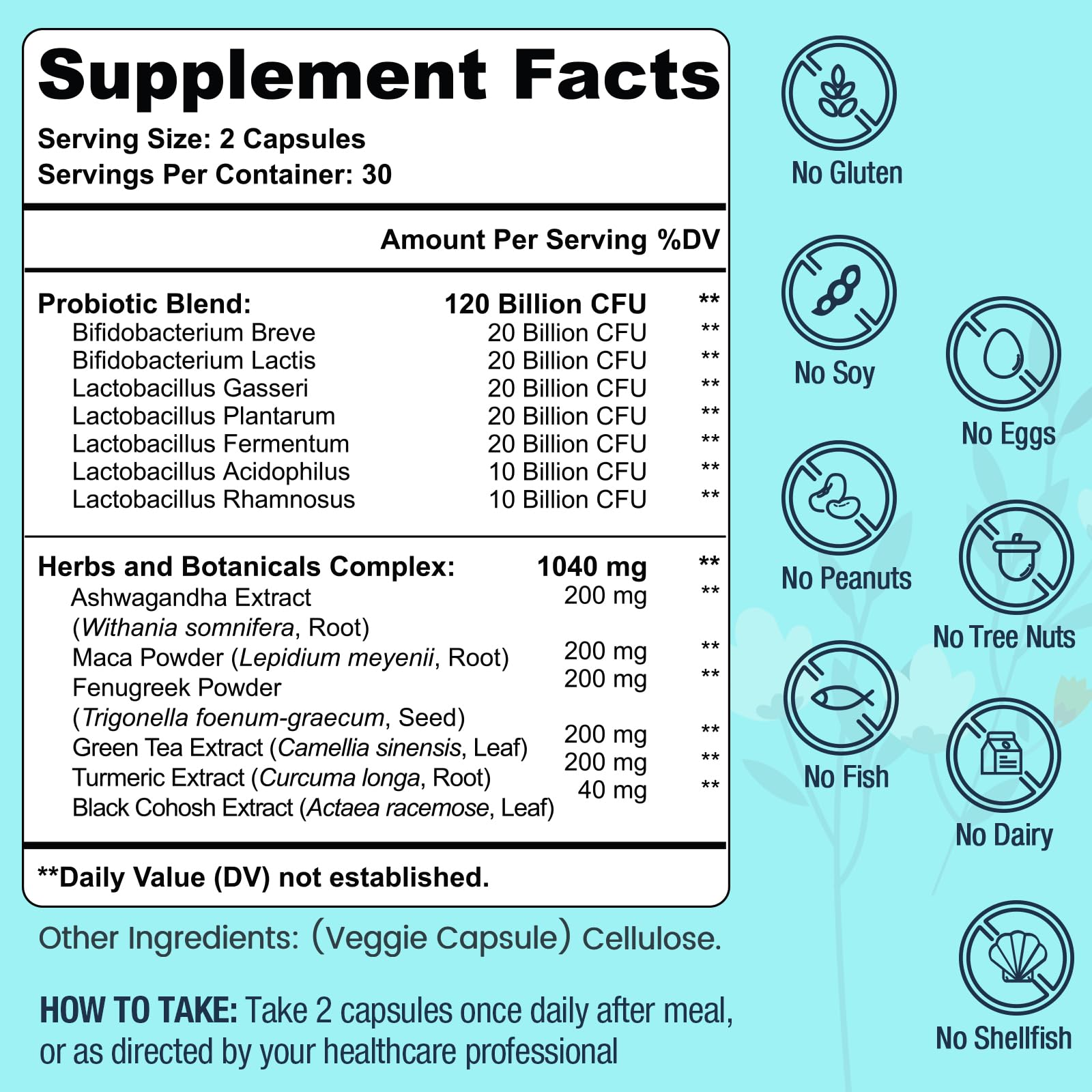 Dmeisy probiotic bottle side view highlighting vegan formula and menopause focus.