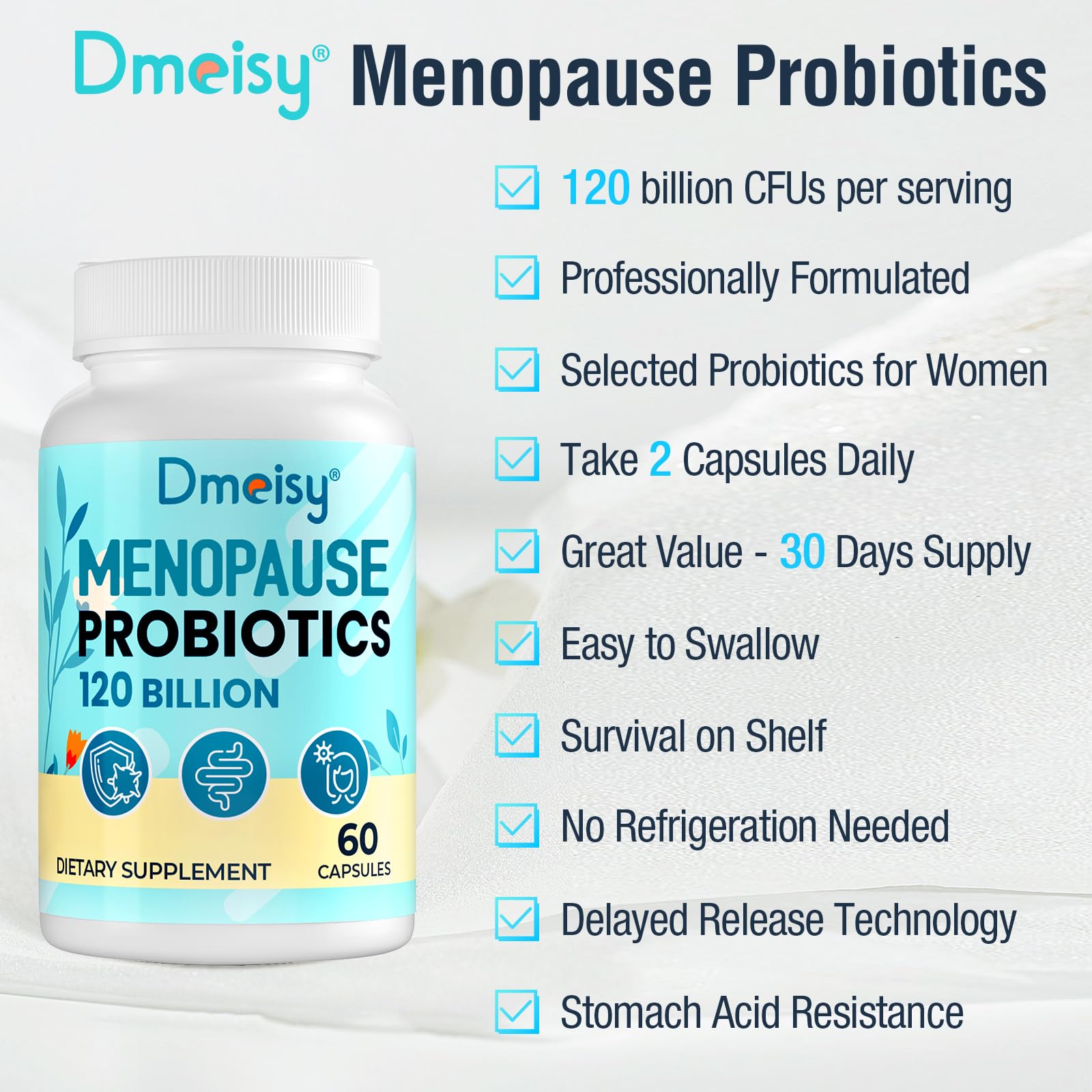 Dmeisy bottle shows 60 capsules for a 30-day supply.